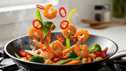 A pan of steaming cooked shrimp with vegetables. Ingredients are mid-air