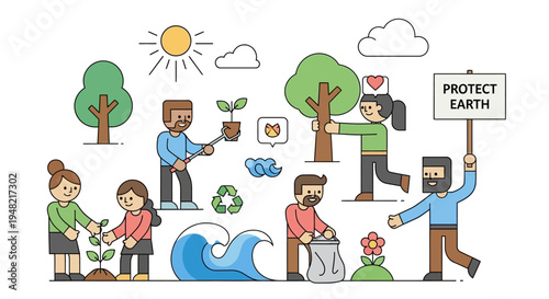 Illustration of people working together to protect the planet and promote environmental sustainability