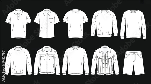 Collection of various clothing items for fashion design or mockup purposes with blank white apparel on dark background