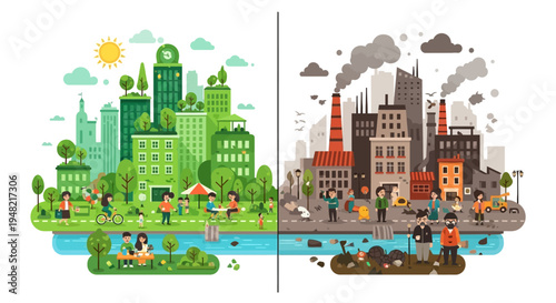 Embracing a sustainable future Illustrative contrast of a thriving green city with clean air and water versus a heavily polluted industrial zone
