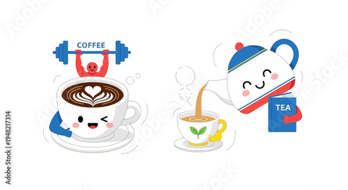 Dynamic cartoon characters illustrating the energizing power of coffee and the calming refreshment of tea for daily routines and beverage choices
