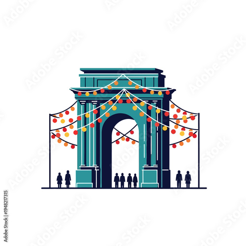 Festive Archway Decorated with Colorful String Lights and Silhouettes of People.