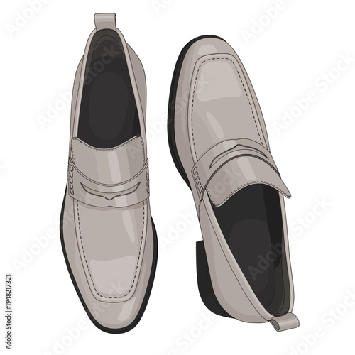 A pair of elegant light grey leather loafers for men, viewed from above and the side.