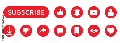 Subscribe button and social media icon set illustration, red like bell play comment share download and user symbols, video channel interface elements for streaming content platform