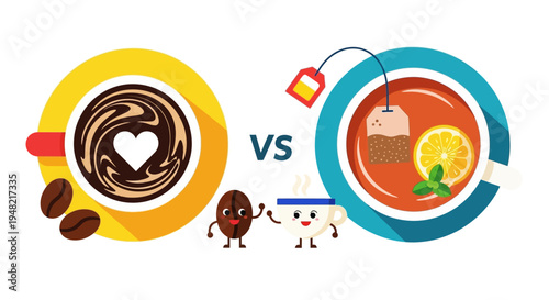 Coffee vs Tea A vibrant cartoon illustration comparing popular hot beverages with cute characters, heart foam, lemon, and mint for an engaging choice