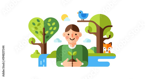 Illustration of a person holding a seedling in a lush green environment with trees, a bird, and a fox