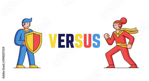 Stylized vector illustration of two opposing characters ready for a confrontation; representing business comparison, competition, and rivalry