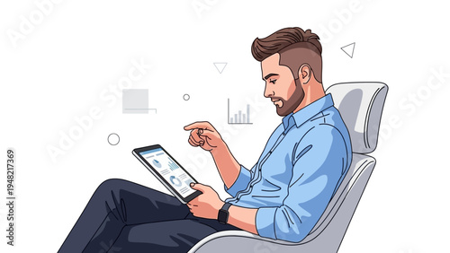 A man sitting in a chair and using a tablet, with abstract graphics in the background.