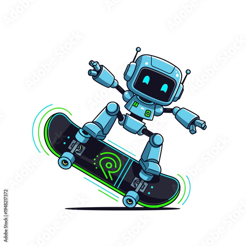 A cute blue robot character performing a trick on a skateboard with a neon green accent.