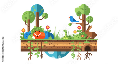 Whimsical illustration of a forest ecosystem with diverse flora and fauna