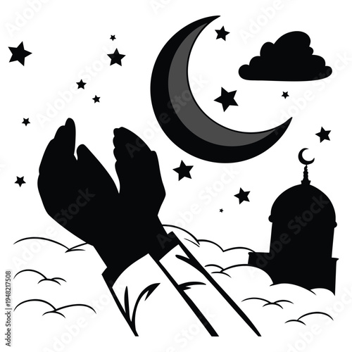 Muslim Prayer Hands Silhouette with Mosque, Moon, and Stars