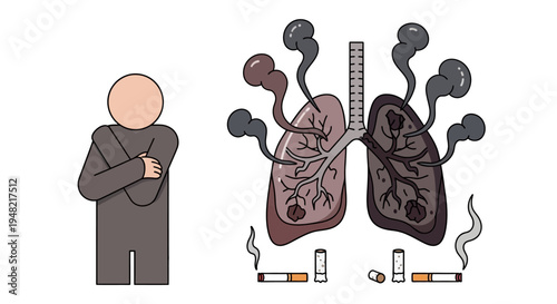 Illustration of a person with unhealthy lungs due to smoking, highlighting the detrimental effects of cigarettes on respiratory health