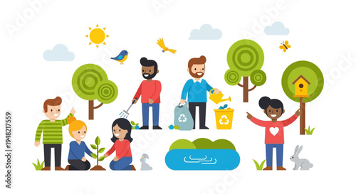 Community volunteers uniting for nature conservation, actively engaged in planting trees and collecting waste for a sustainable, healthier environment