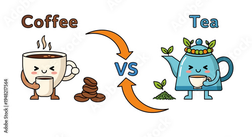 Delightful cartoon beverage characters engage in a friendly comparison, illustrating the common daily choice between two popular morning drinks