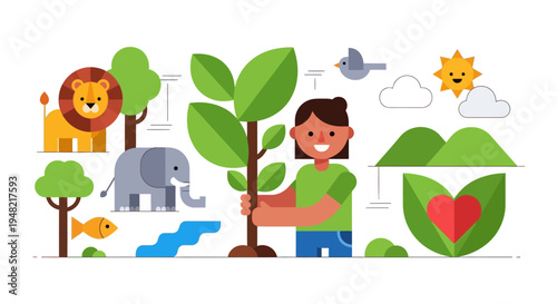 Illustration of Environmental Conservation and Nature's Harmony with a Girl and Wildlife