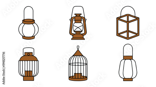 Collection of vintage lanterns and a birdcage with glass covers  home decor objects