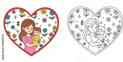 Loving Mother Holding Baby in Floral Heart Frame