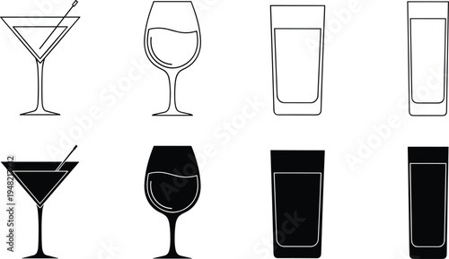 Black and white drinkware icons set featuring martini, wine, highball, and tall glasses, symbolizing beverages, cocktails, barware, dining, and hospitality design illustration.