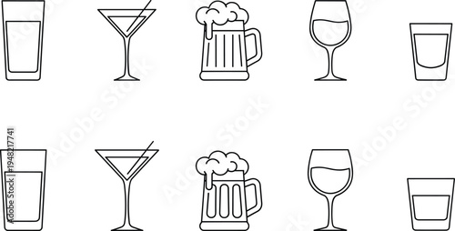 Black and white beverage icons set featuring water glass, martini, beer mug, wine glass, and shot glass, symbolizing drinks, barware, alcohol, and refreshment design.