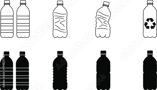 Black and white plastic bottle icons set featuring ridged bottles, crumpled bottles, tilted bottles, and recycling symbol, symbolizing packaging, waste, recycling, and environmental awareness.