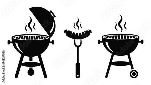 Black and white illustration of barbecue grills and utensil for outdoor cooking and grilling