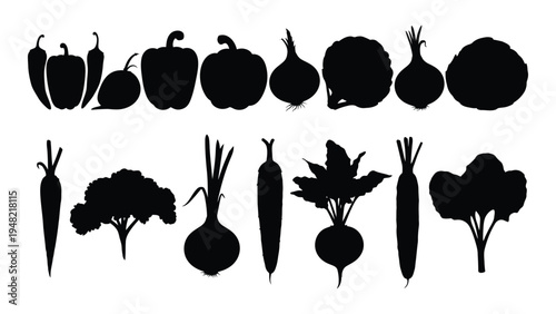 A comprehensive collection of vegetable silhouettes featuring various root and leafy vegetables