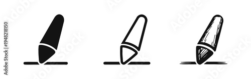 Writing Pen Icons Set: Digital Pen or Stylus Marking a Line, Vector Collection in Solid, Outline, and Hand-Drawn Styles.