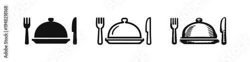 Restaurant Dining Icons: Food Cloche, Fork, and Knife, Vector Collection in Solid, Outline, and Hand-Drawn Styles.