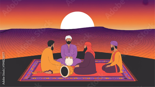 four men sitting on a rug in the desert at sunset with a drum