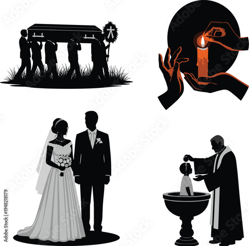 Funeral wedding baptism religious ceremony illustration, cultural tradition artwork, spiritual ritual vector design, life milestone artwork, priest candle ceremony drawing