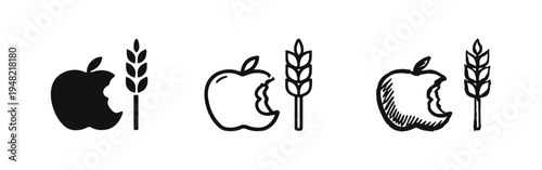 Bitten Apple and Wheat Icons Set: Natural Produce and Healthy Lifestyle Symbols in Solid, Outline, and Hand-Drawn Styles.