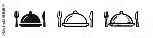 Dining Service Icons: Food Cloche, Fork, and Knife, Vector Collection in Solid, Outline, and Hand-Drawn Styles.