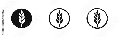 Wheat Ear Icon Set in Circle. Cereal grain symbol for agriculture and food in various artistic styles.