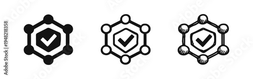 Hexagonal network with checkmark icon set. Concept of verification, blockchain, security, and approval in three styles.