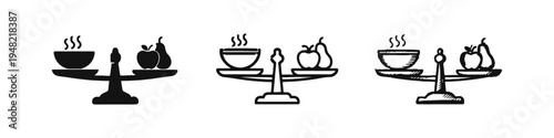 Healthy eating balance scale icons in various styles, symbolizing diet and wellness.