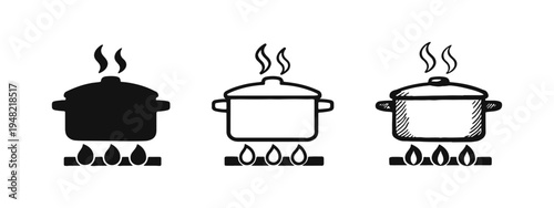 Cooking Pot on Stove with Steam Icon Set - Solid, Outline, and Sketch Styles