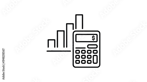 Line icon of a calculator with a bar chart behind it for business and finance concepts