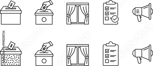 Black and white election icons set featuring ballot boxes, voting hands, checklists, megaphones, and windows, symbolizing democracy, civic engagement, political participation, 