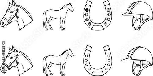 Black and white equestrian icons set featuring horse head, full horse, horseshoe, and riding helmet, symbolizing horseback riding, sports, animals, and outdoor recreation design.