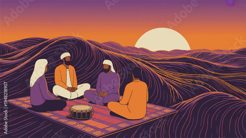 people sitting on a mat with a drum in a desert landscape at sunset