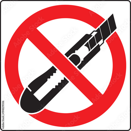 Red circle and diagonal line forms prohibition sign over black utility knife, indicating no cutting allowed or forbidden use