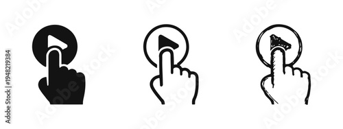 Play Button Icons - Hand Pressing Media Play Symbol in Solid, Outline, and Doodle Styles