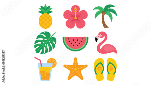 Summer vacation icons with tropical fruit and beach accessories