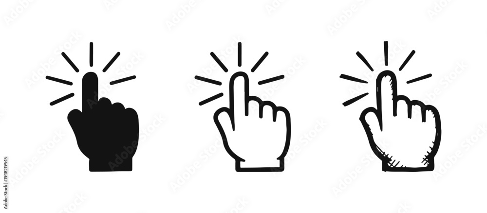 Fototapeta premium Hand with pointing finger clicking or tapping with glowing effect, icon set in flat, line, and doodle styles.