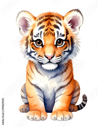 Orange and black striped tiger cub. Isolated transparent background