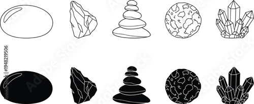 Black and white geology icons set featuring smooth stone, jagged rock, stacked stones, cratered meteorite, and crystal cluster, symbolizing earth science, minerals, and natural formations.