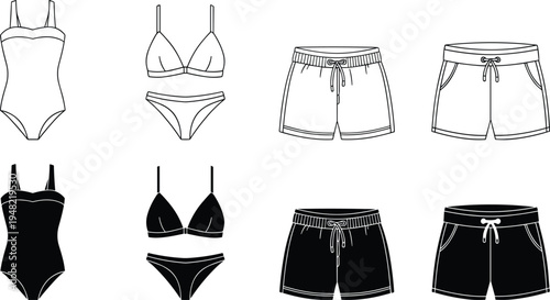 Black and white clothing icons set featuring swimsuit, bikini, drawstring shorts with pockets, symbolizing fashion, apparel, summer wear, beach style, and casual clothing design.