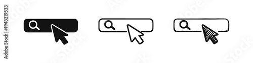 Search bar with magnifying glass and mouse cursor, icon set in flat, line, and doodle styles.