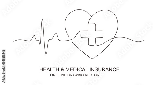 Continuous line drawing vector illustration of a heartbeat and heart shape vector  Continuous one line drawing of heart shape with heartbeat pulse line symbolizing health insurance and medical