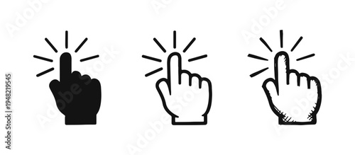 Hand with pointing finger clicking or tapping with glowing effect, icon set in flat, line, and doodle styles.